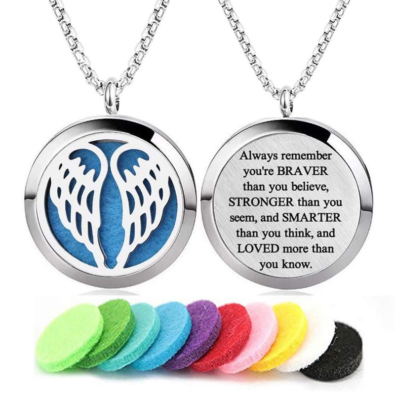 GFONDINGD Aromatherapy Essential Oil Diffuser Necklace Stainless Steel lnspirational Locket Pendant(Angel Wings) - Image 1